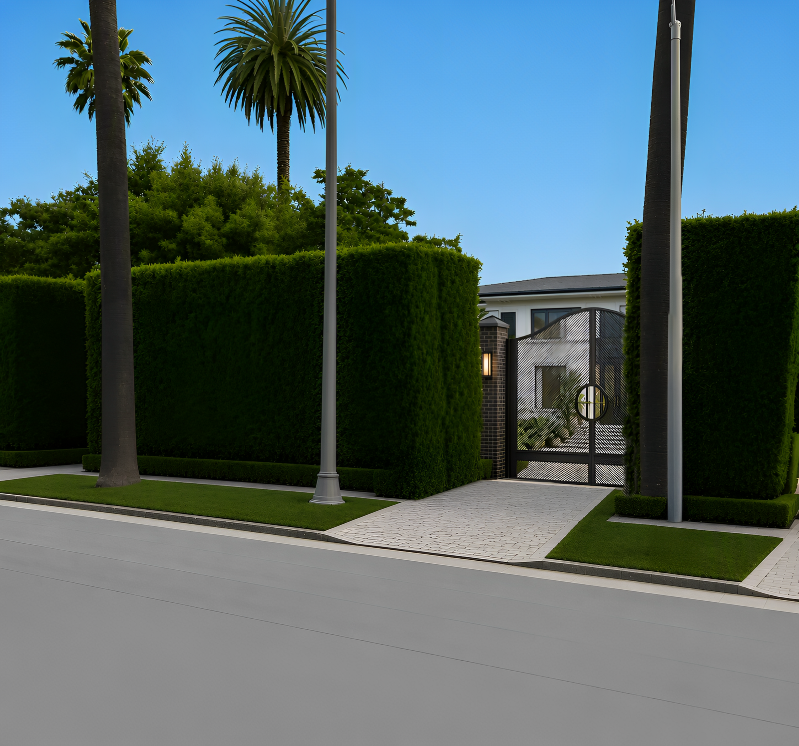 Gated estate entrance with mature hedges and palm trees