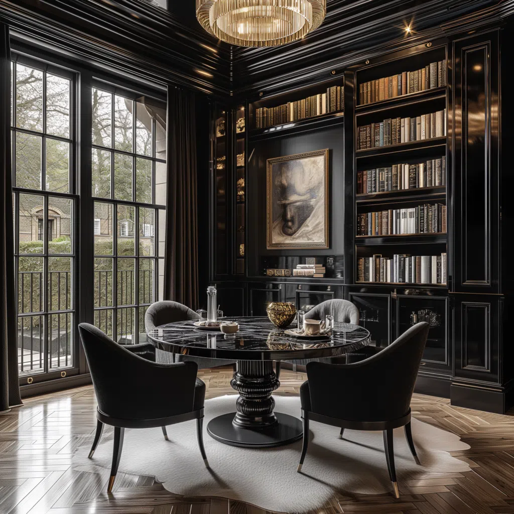 Black lacquered library and dining room